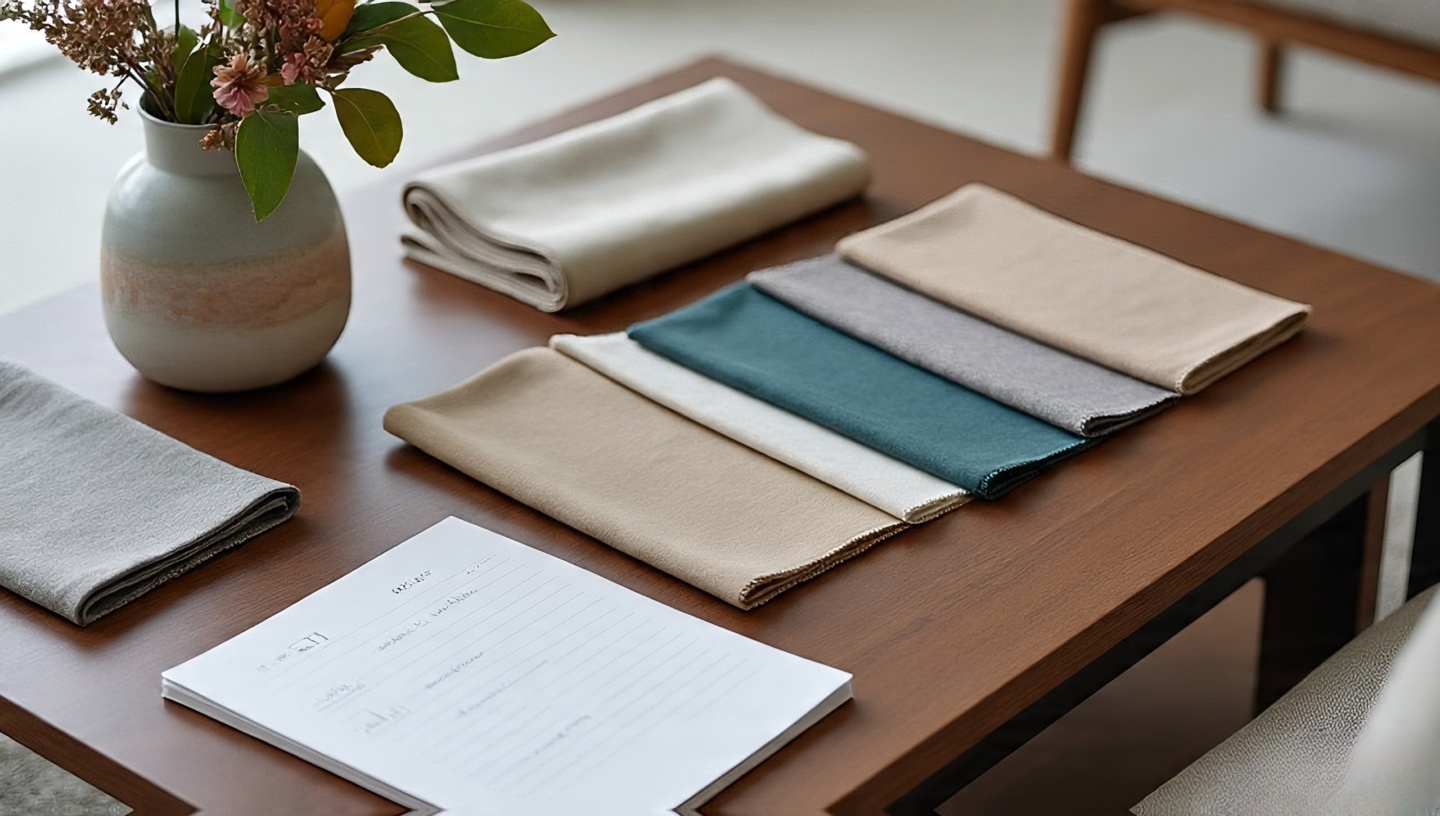 Styled coffee table with fabric and paint samples for a palette decision checklist