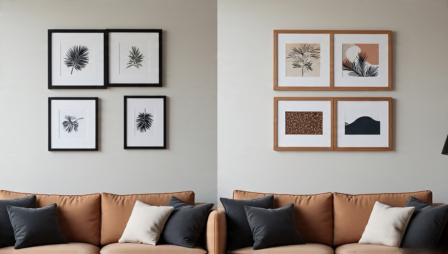 Comparison wall showing common gallery mistakes versus corrected layout with eye-level center and consistent spacing