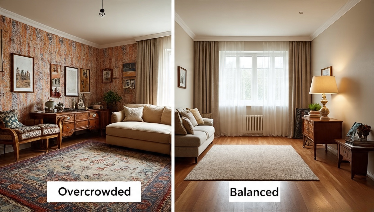 Side-by-side comparison of overcrowded pattern mix versus balanced 60-30-10 layout in a living room
