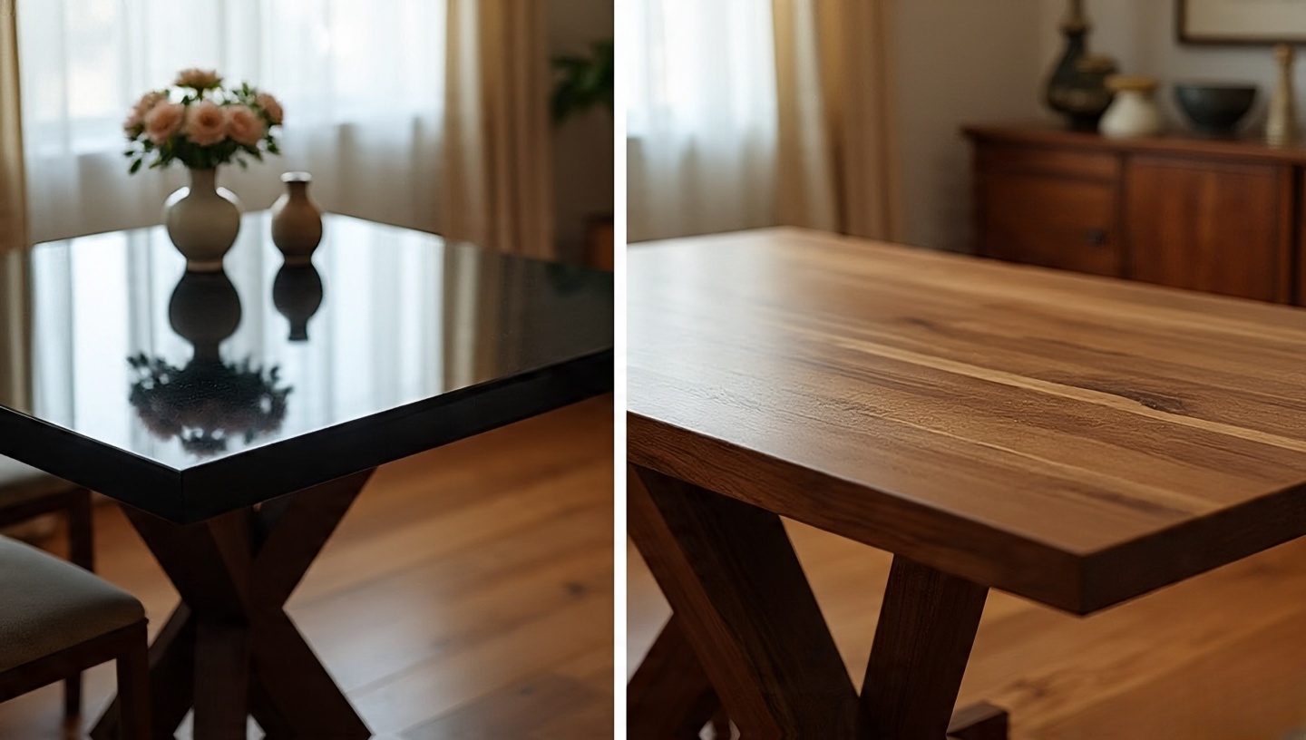 Side-by-side comparison of glossy over-polished wood versus matte-finished reclaimed wood