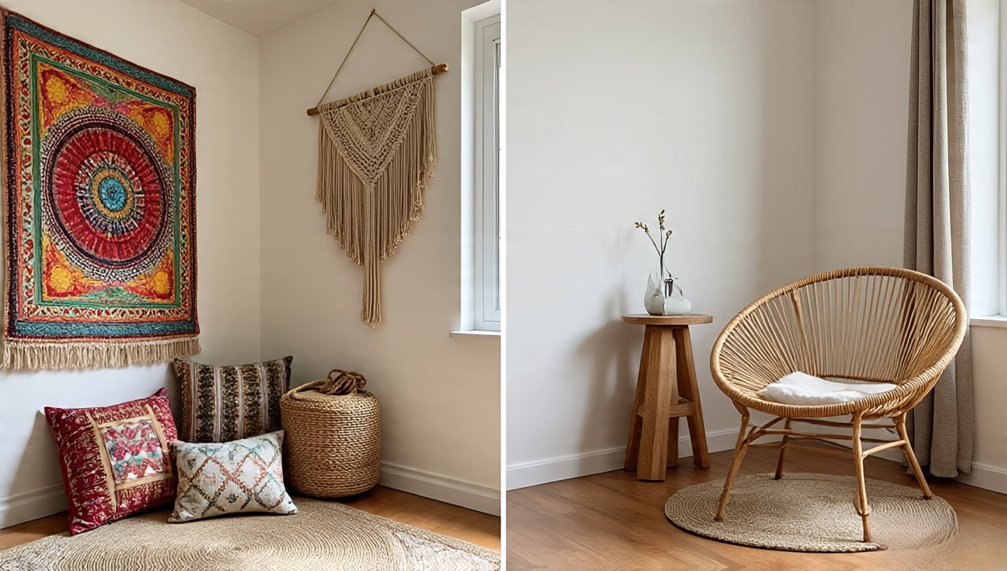 Side-by-side view of cluttered versus balanced Boho corners to illustrate texture restraint