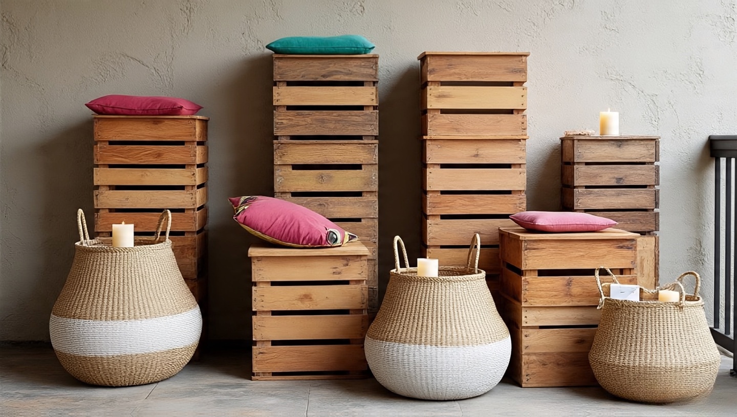 Stacked wooden crates as open shelves with woven baskets storing cushions and candles on a rustic balcony