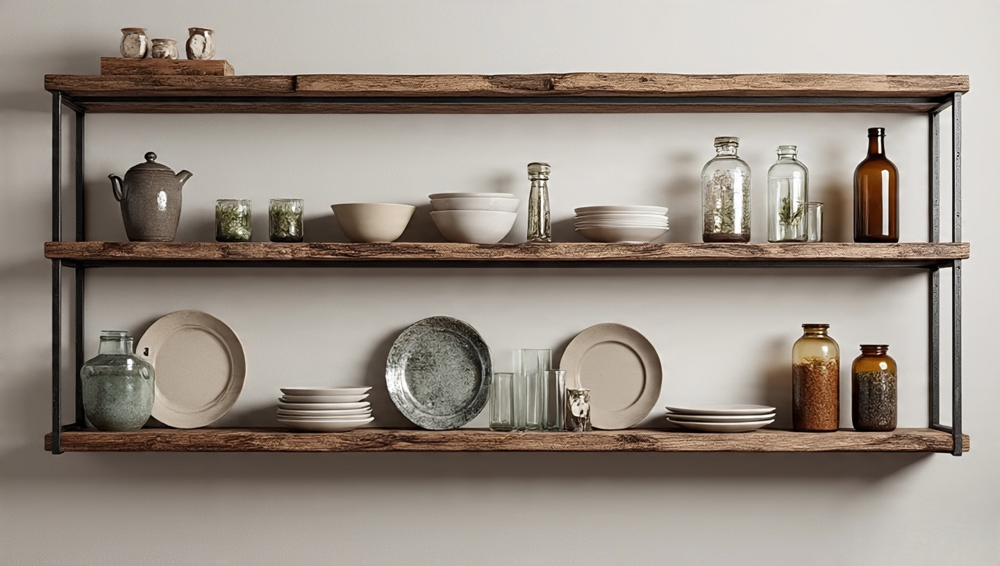 Three shelf styles comparison: reclaimed wood with rustic ceramics, walnut with glass and plates, metal frame with industrial jars