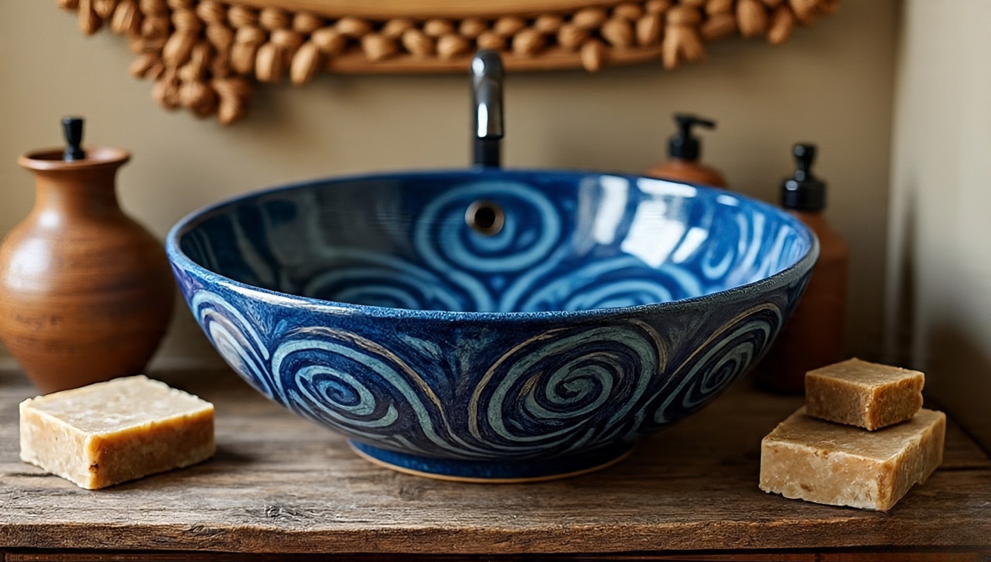 Cobalt-blue handmade ceramic sink with spiral pattern