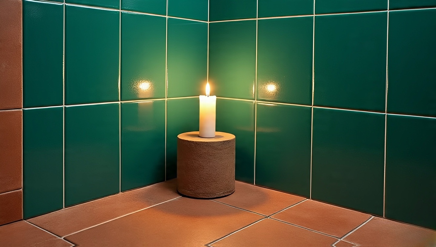 Candlelit Boho bathroom showing glossy tile reflections