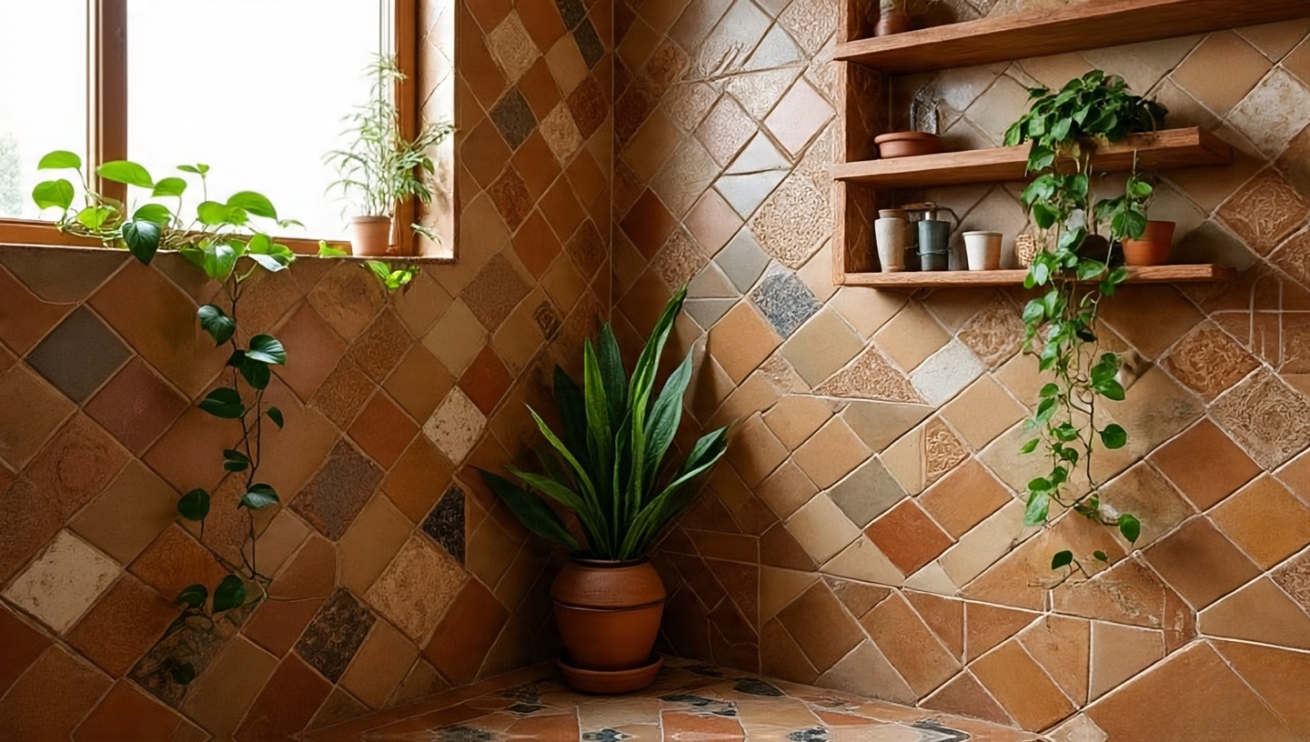 Boho bathroom with earthy zellige tiles, tall snake plant, and trailing pothos blending nature with architecture