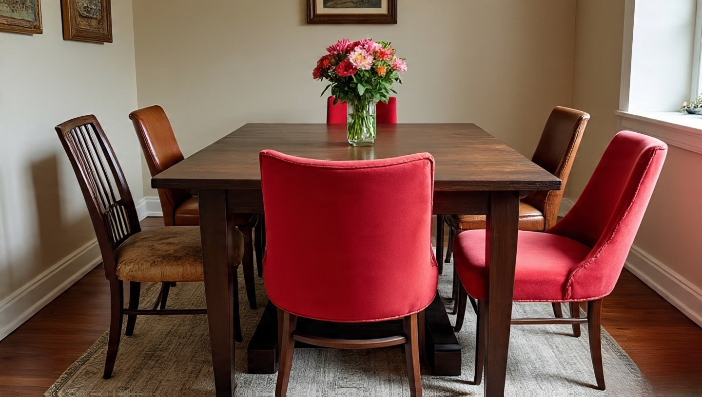 Comparison showing crowded dining layout with poor clearance versus corrected spacing around the table