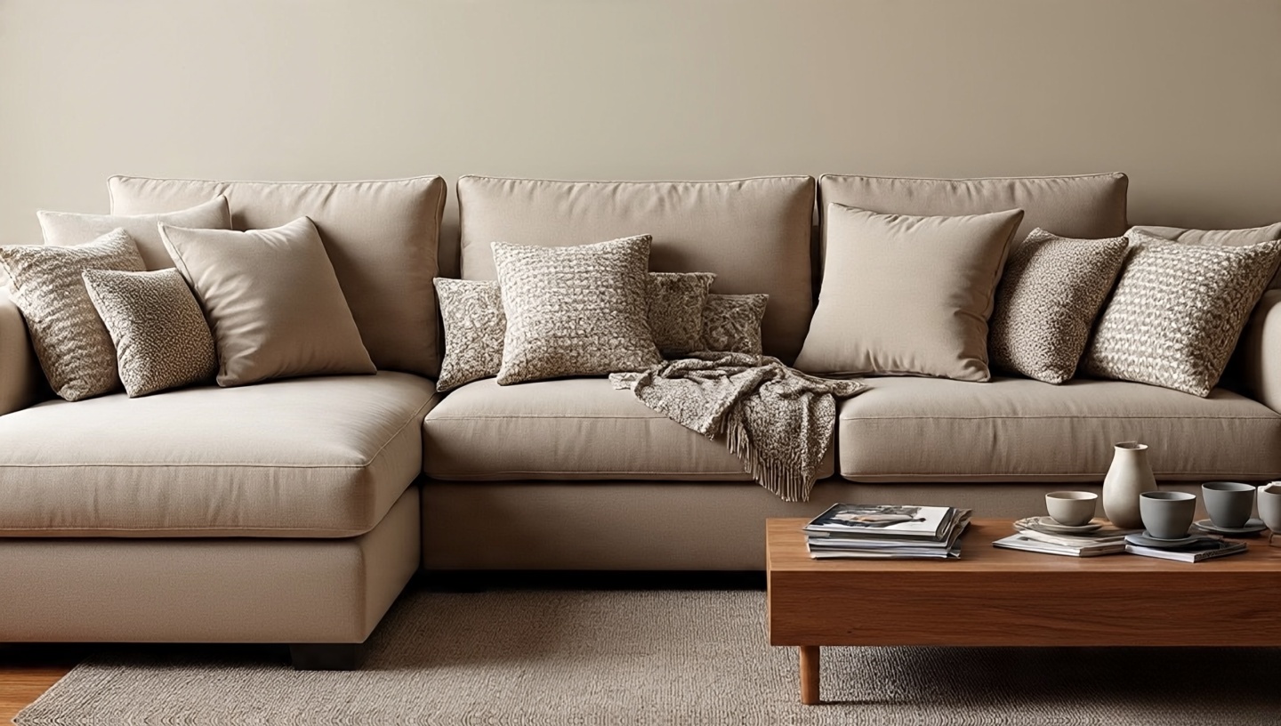 Common Boho sofa styling mistakes shown together: too many small cushions, a tiny throw, and a cluttered coffee table