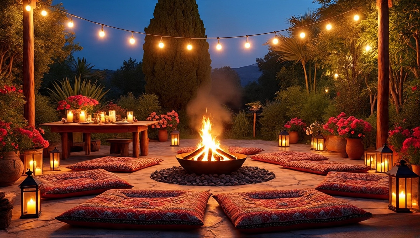 Bohemian patio at night with string lights, fire pit with lava rocks, lanterns and low cushions for Moroccan-camp vibe