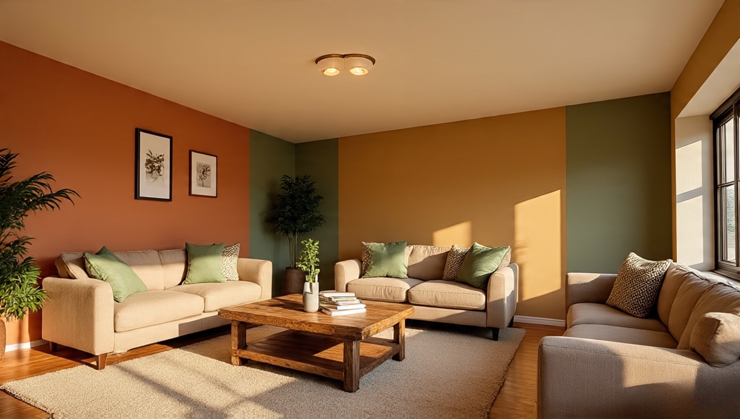 Warm earthy palette with terracotta and ochre walls, sage accents, and a creamy off-white ceiling with rustic timber furniture