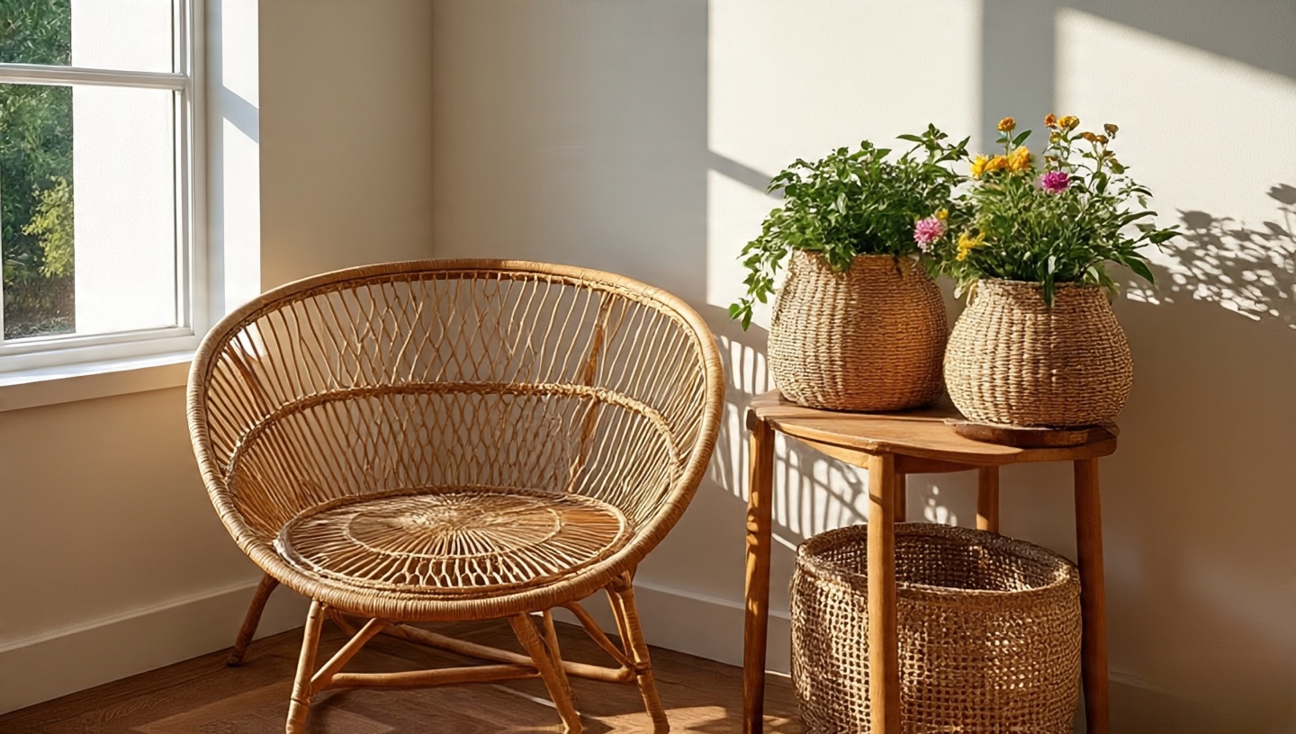 Rattan armchair and wicker baskets casting patterned shadows on white wall