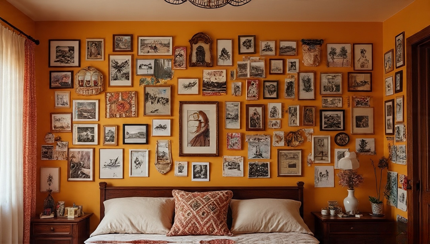 Eclectic gallery wall with framed art, postcards, textiles and sketches evolving over time