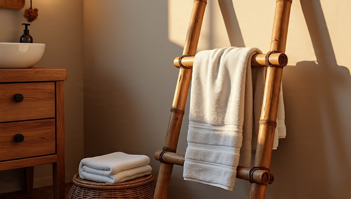 Bamboo towel ladder leaning by plaster wall and wooden vanity