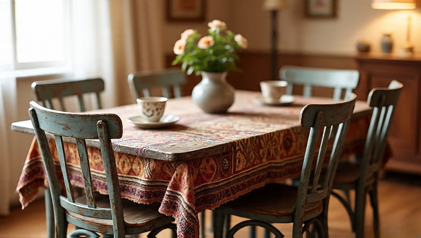 Secondhand mismatched dining chairs with chipped paint styled around a reclaimed wood table with patterned textile