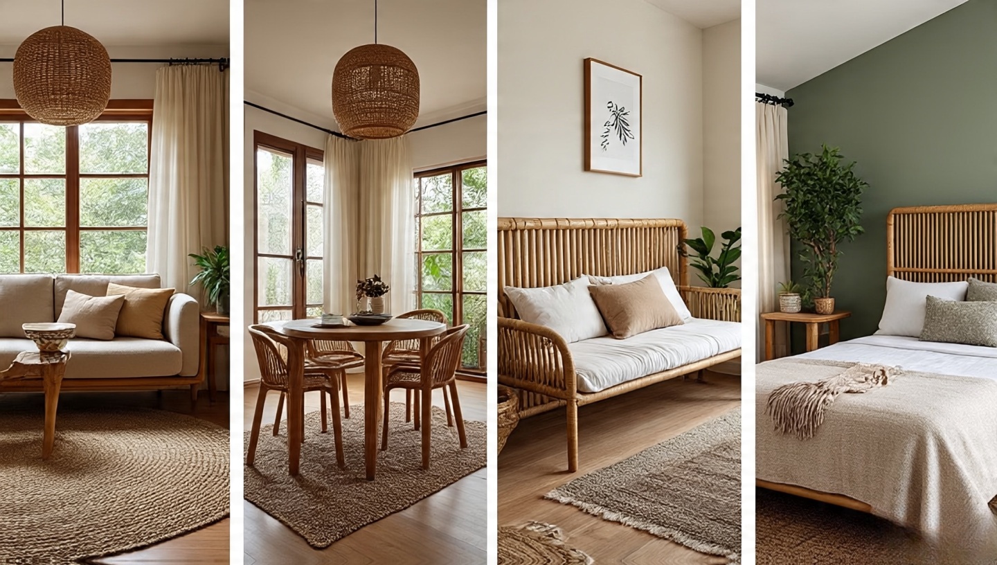 Collage of rooms: jute plus wood in living, wood and cane in dining, rattan headboard in bedroom, bamboo on patio
