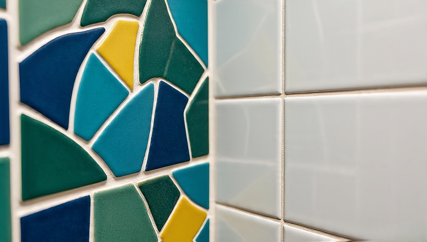 Technical close-up illustrating tile clearances and grout spacing