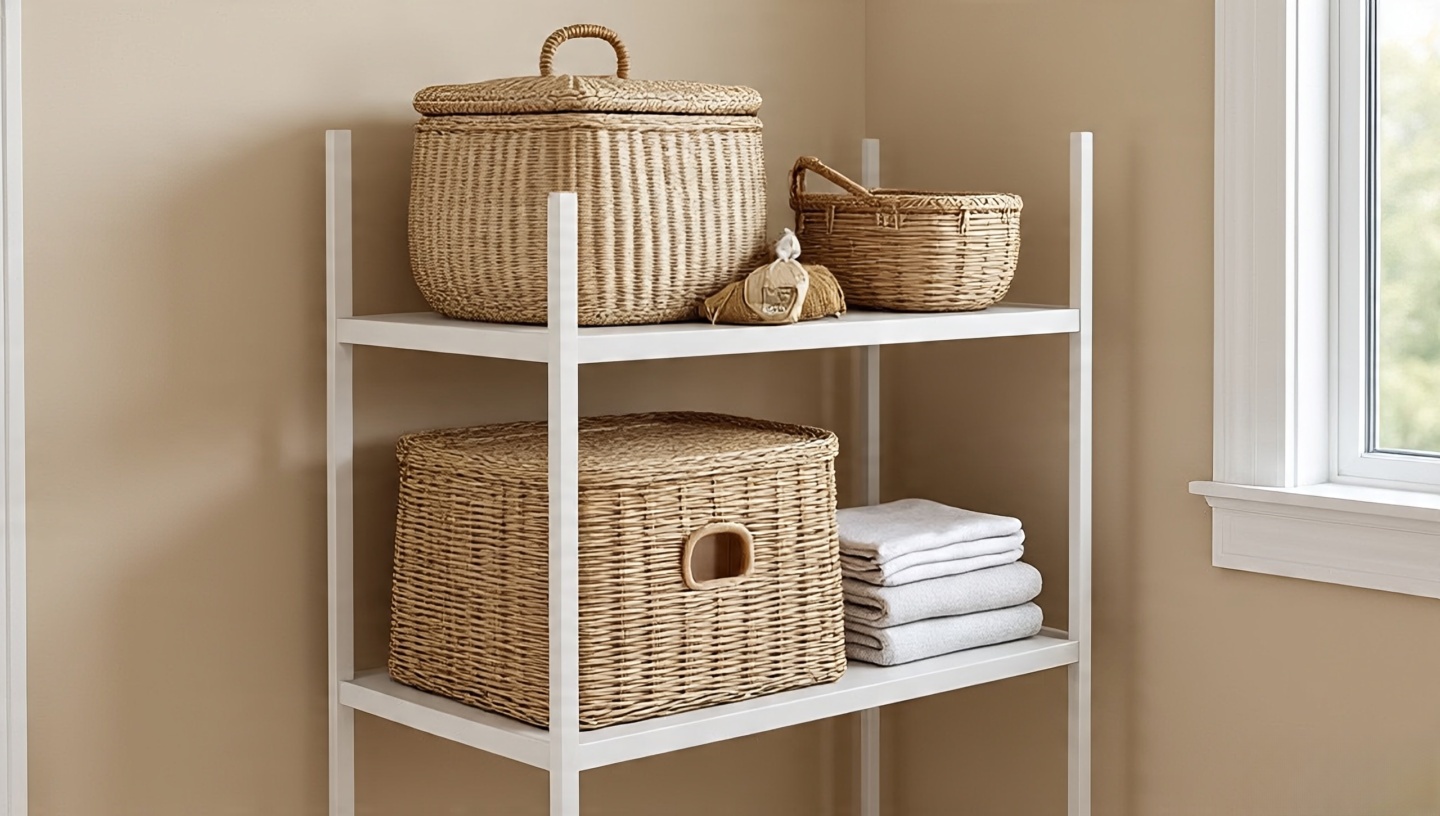 Slender bamboo or powder-coated steel etagere styled with lidded seagrass and rattan baskets for breathable storage