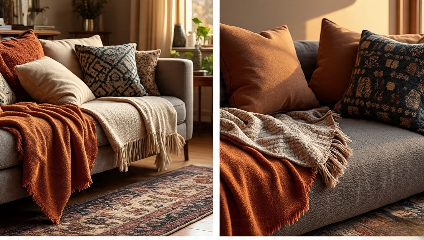 Side-by-side Boho rooms showing cluttered excess versus intentional layered simplicity