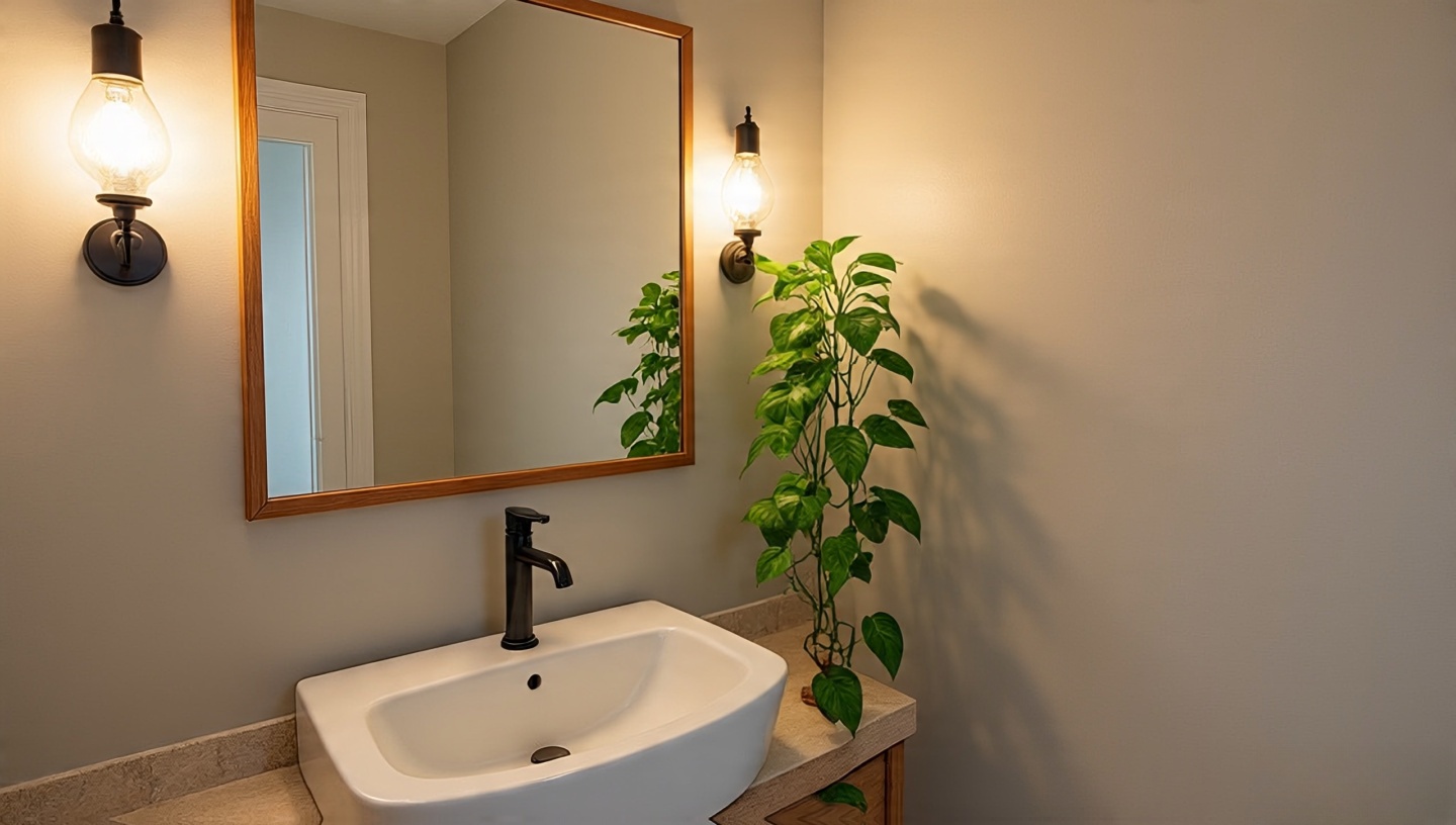 Windowless bathroom using LED grow-bulb vanity sconces around mirror with a thriving pothos on shelf