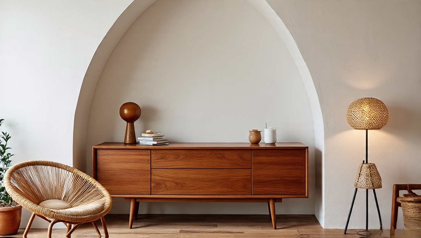 Mid-century walnut sideboard under a white plaster arch paired with a rattan chair and minimalist cane lamp