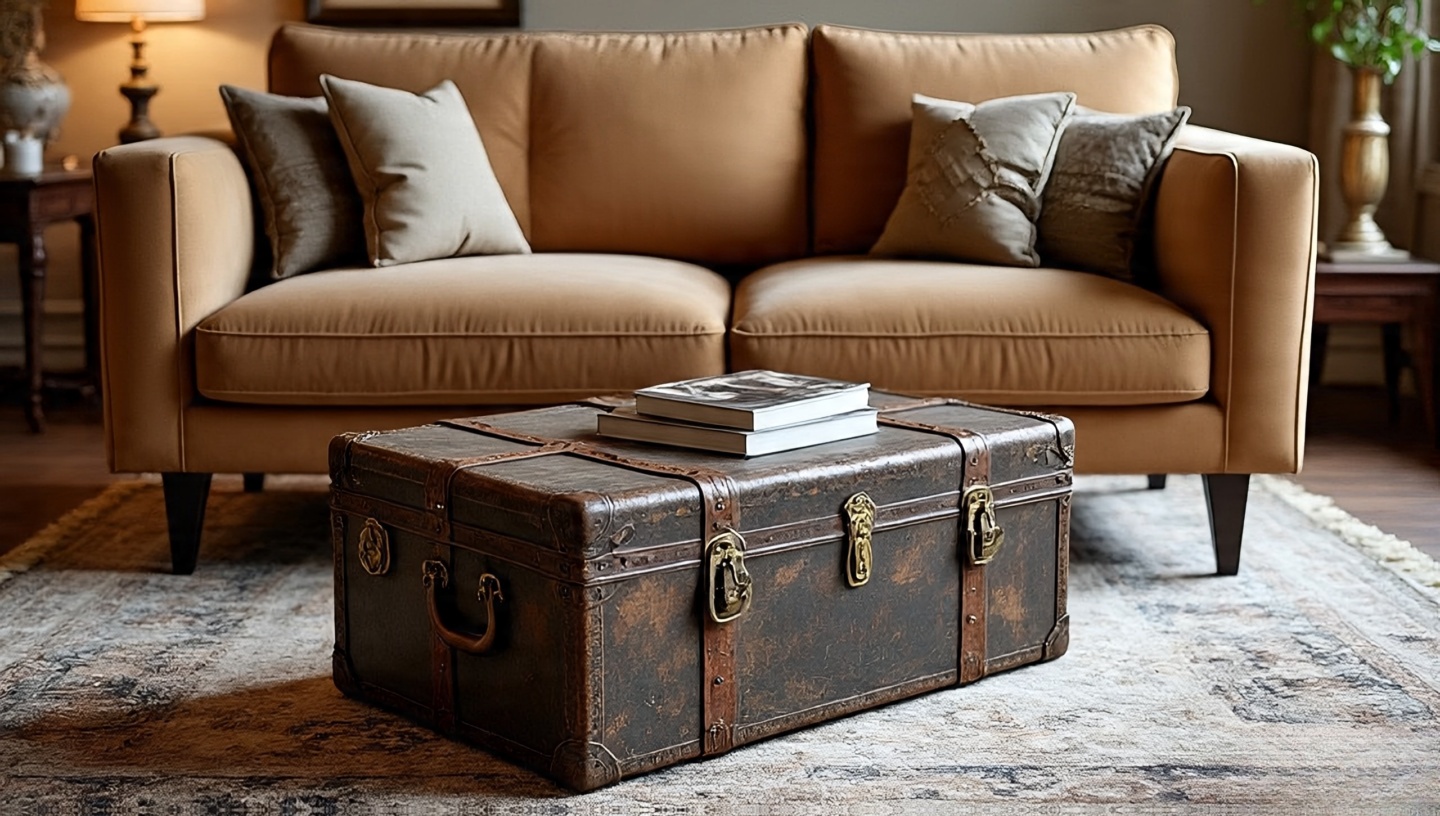 Modern sofa paired with a weathered trunk as coffee table, mixing new lines with rustic character