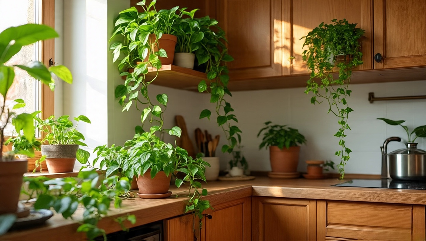Bright boho kitchen with abundant indoor plants and natural light
