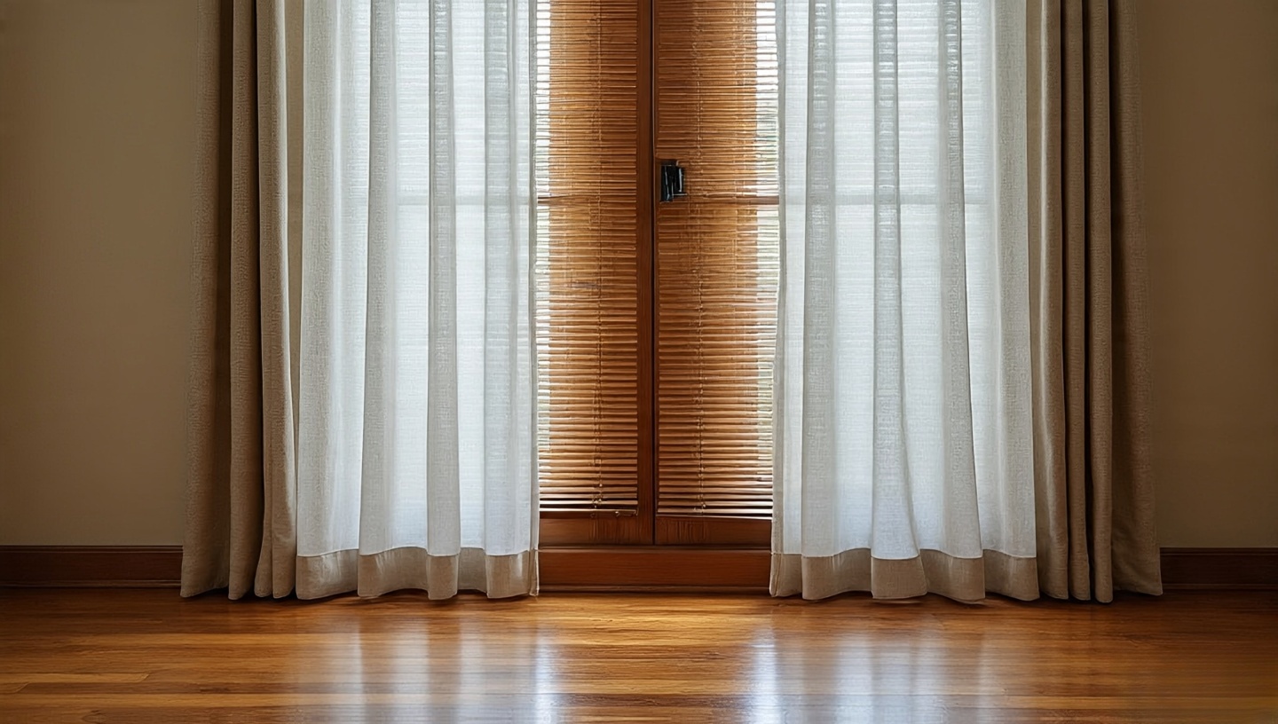 Tall windows with linen sheer curtains hung 15–20 cm above the frame, softly pooling on the wood floor with woven blinds