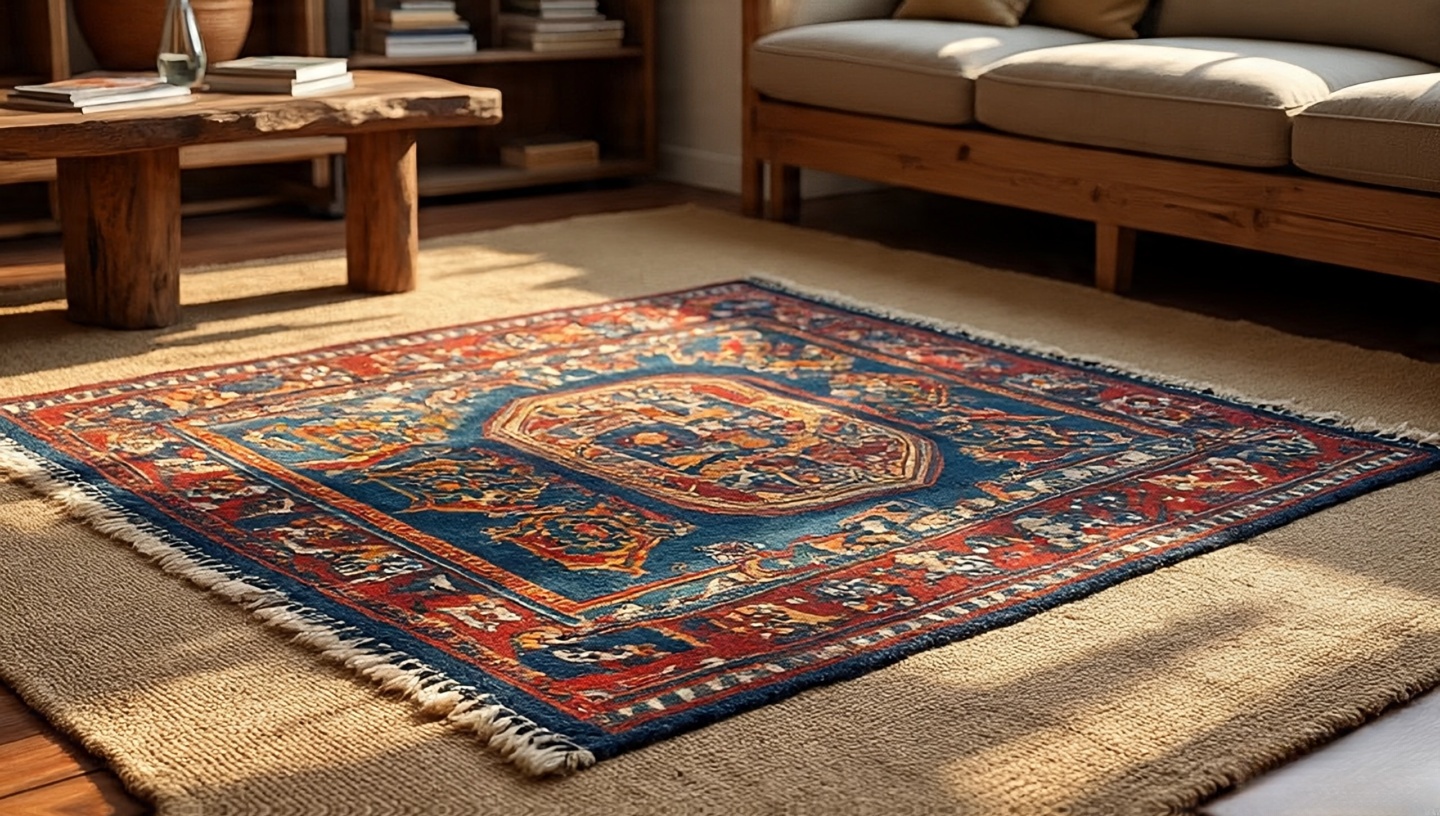 Colorful wool kilim layered over jute in modern Bohemian living space