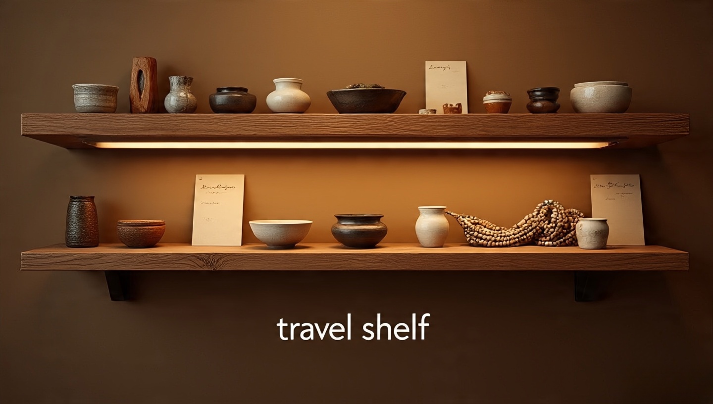 Eye-level travel shelf with small ceramics, carved wood, beadwork, labeled postcards and picture light