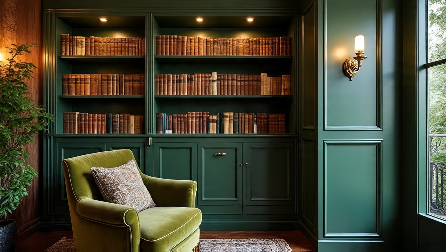 Forest green built-in shelves with brass sconces and moss-green velvet armchair