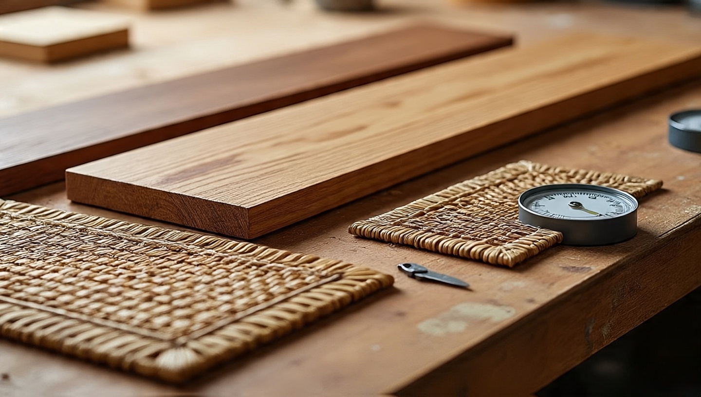 Close-up of wood planks and rattan samples with hygrometer and marine-grade sealer on a workbench