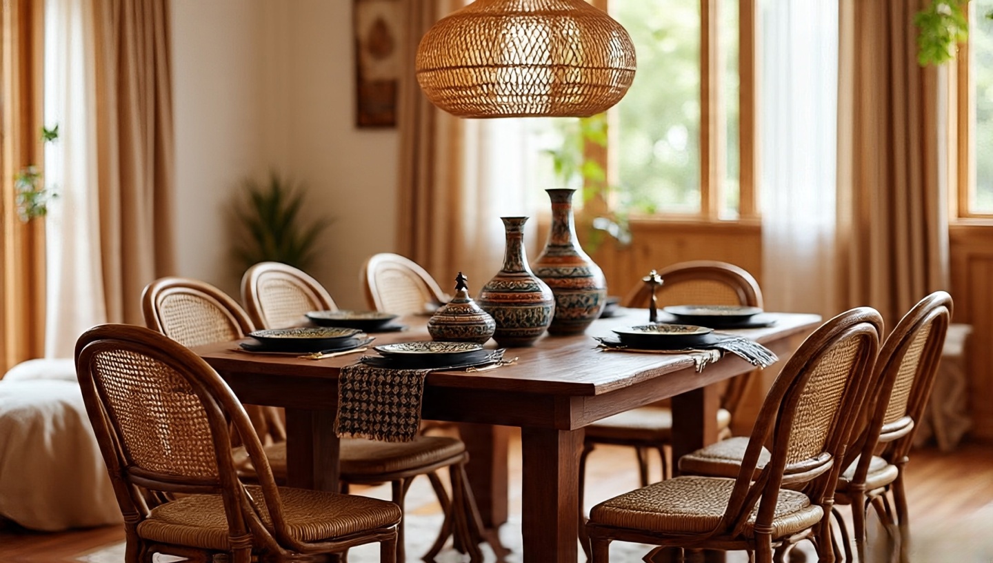 Spanish farmhouse table with Indonesian rattan chairs and Moroccan ceramics styled cohesively in a Boho dining room