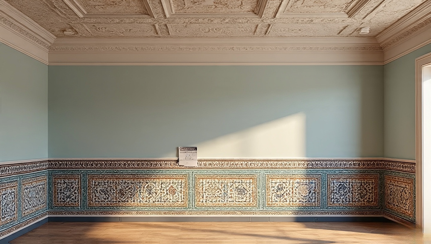 Room with Moroccan tile wainscot, calm painted wall above, and subtly patterned plaster ceiling with load note