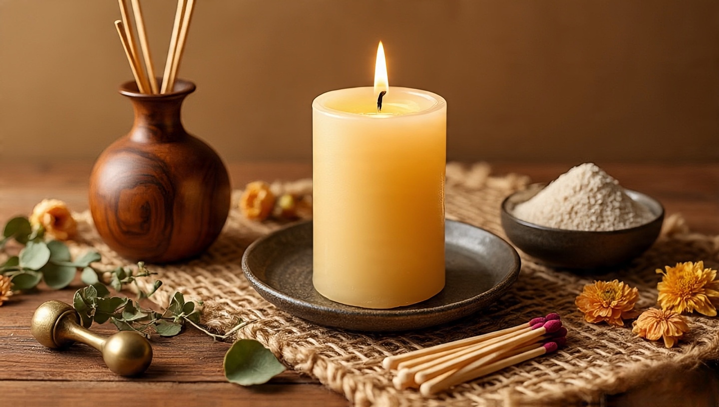 Fragrance vignette with beeswax candle, cedar diffuser, match bowl and brass snuffer on a heat-proof tray