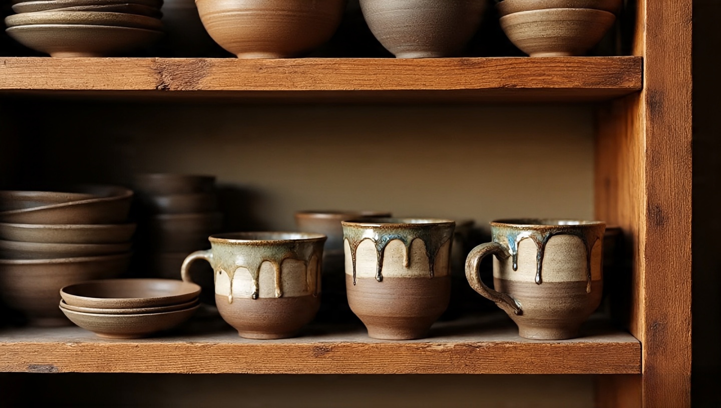 Open shelves stacked with handmade imperfect ceramics and pottery