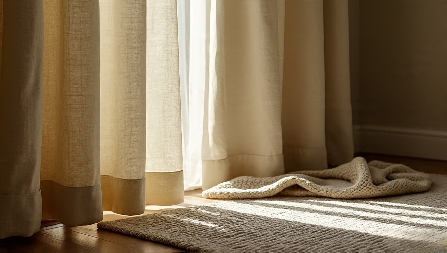 Sunlit textiles with cotton curtains and a textured rug glowing under afternoon light