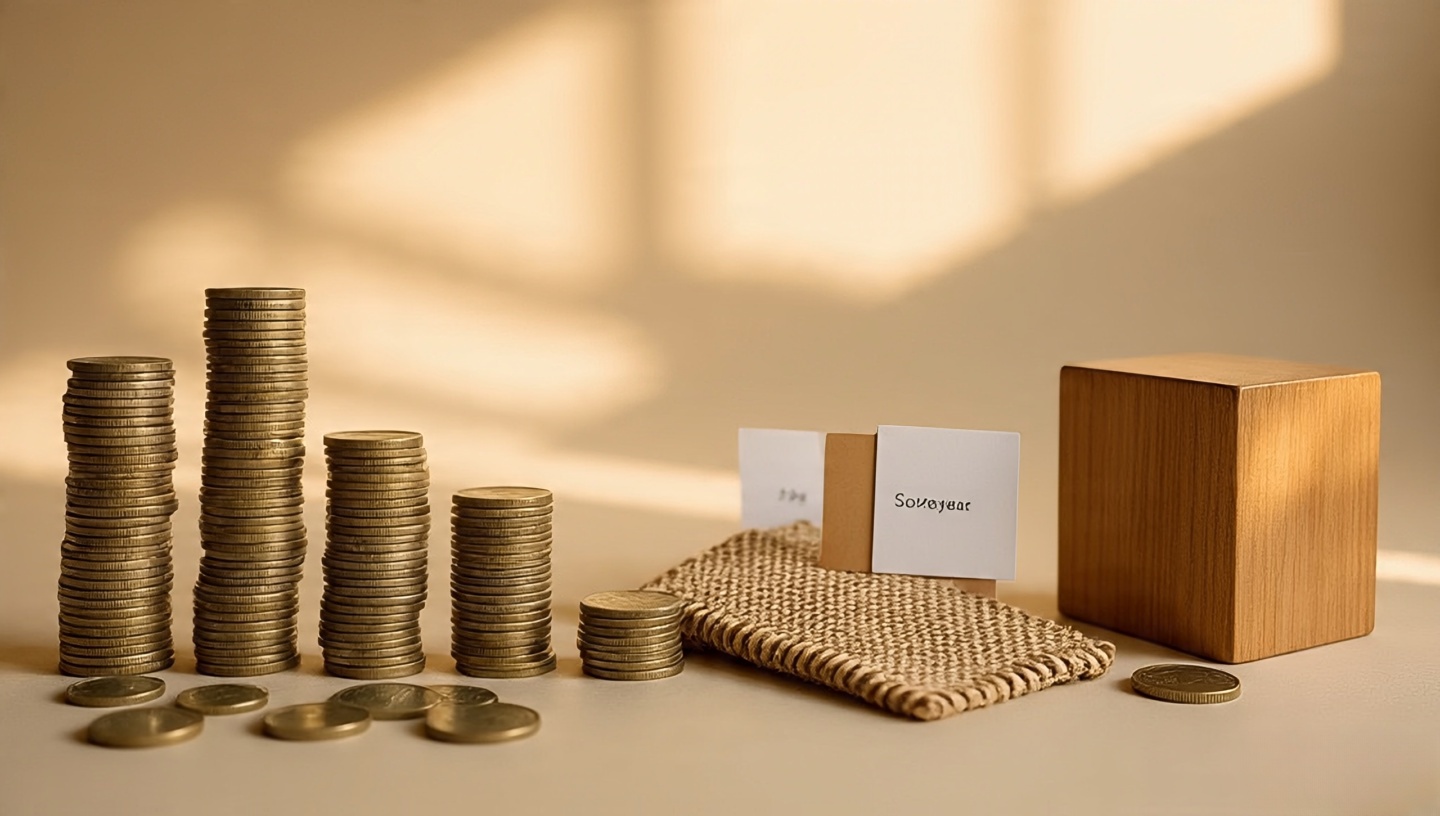Still life of jute, rattan, cane, and wood samples beside coin stacks labeled with lifespan