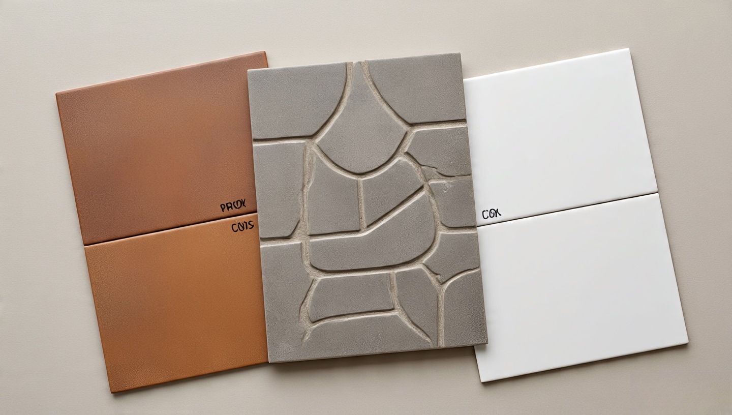 Flat-lay comparison of terracotta, cement, and porcelain tiles