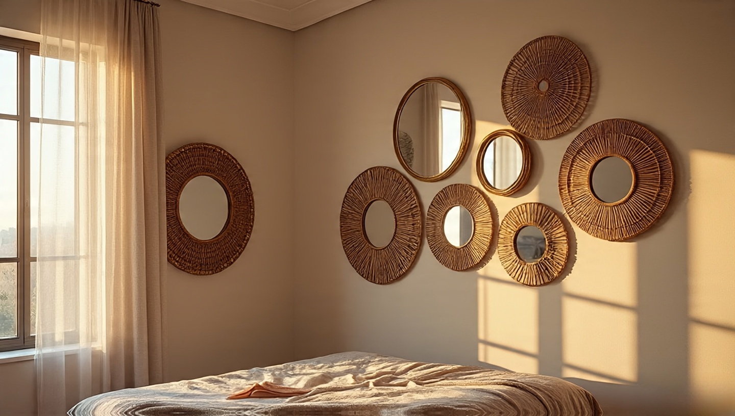 Rattan and vintage brass mirrors reflecting morning light to brighten a small bedroom