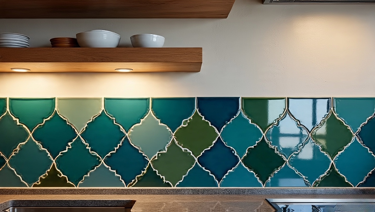 Kitchen backsplash of glossy green-blue zellige tiles in a contained zone with simple plaster walls and timber shelves