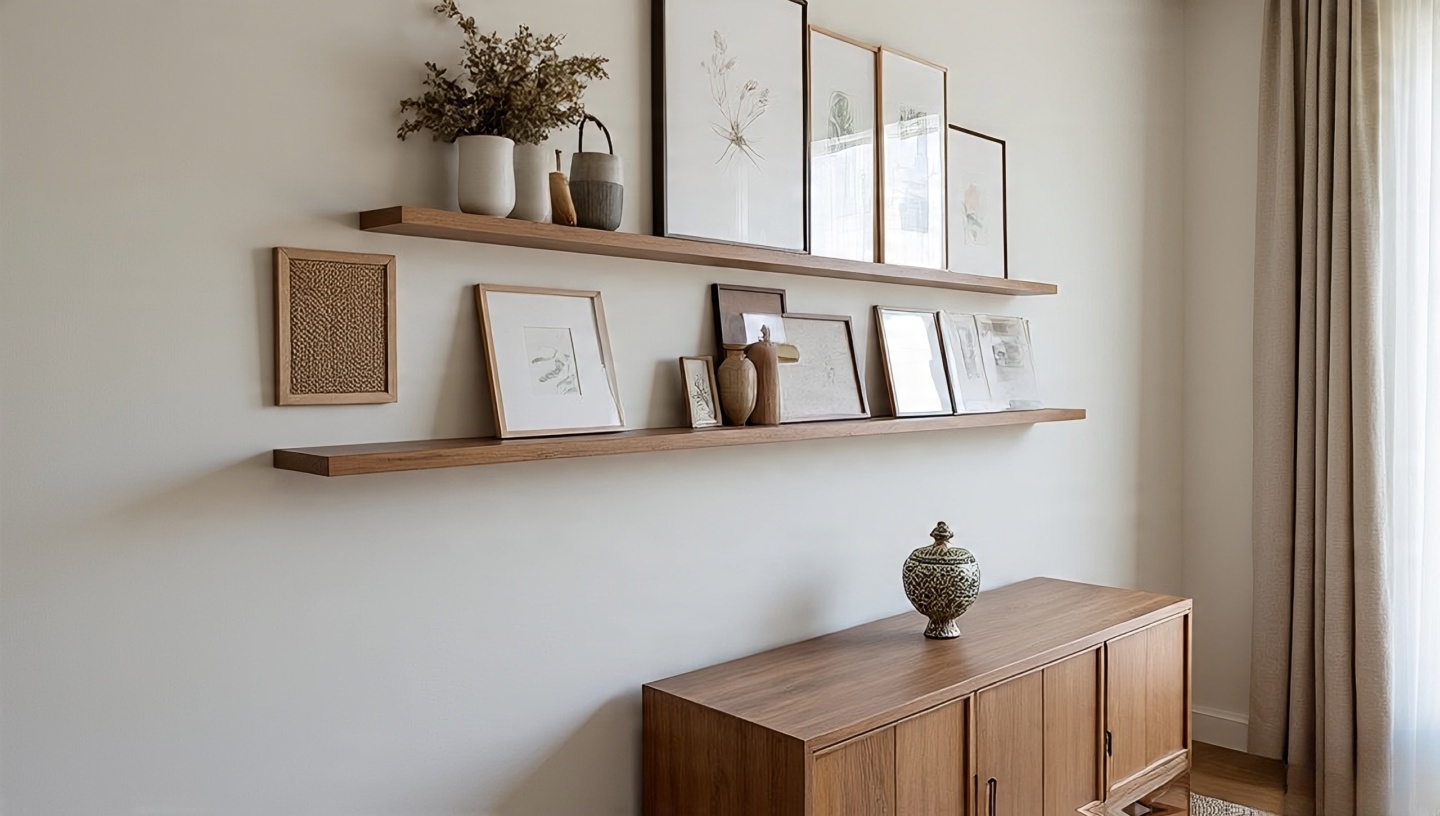 Rental-friendly hanging with stacked picture ledges, layered frames and large pieces mounted using adhesive strips