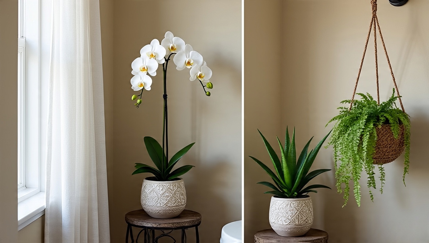 Seasonal bathroom plant care: winter setup away from drafts and summer setup with better ventilation shown side-by-side