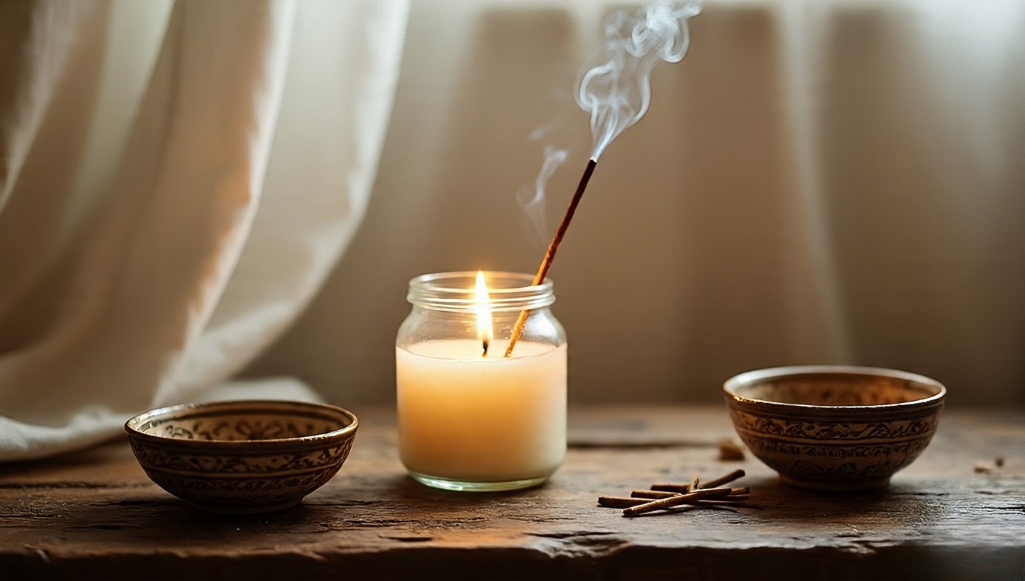 Wood-wick candle, incense smoke and linen backdrop creating multi-sensory warm Boho atmosphere