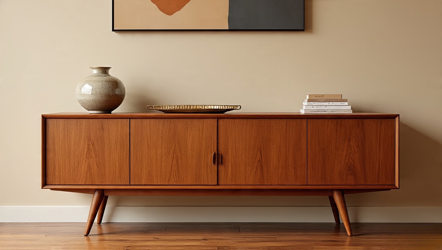 Mid-century teak credenza anchoring a Boho living room with rattan and warm evening light