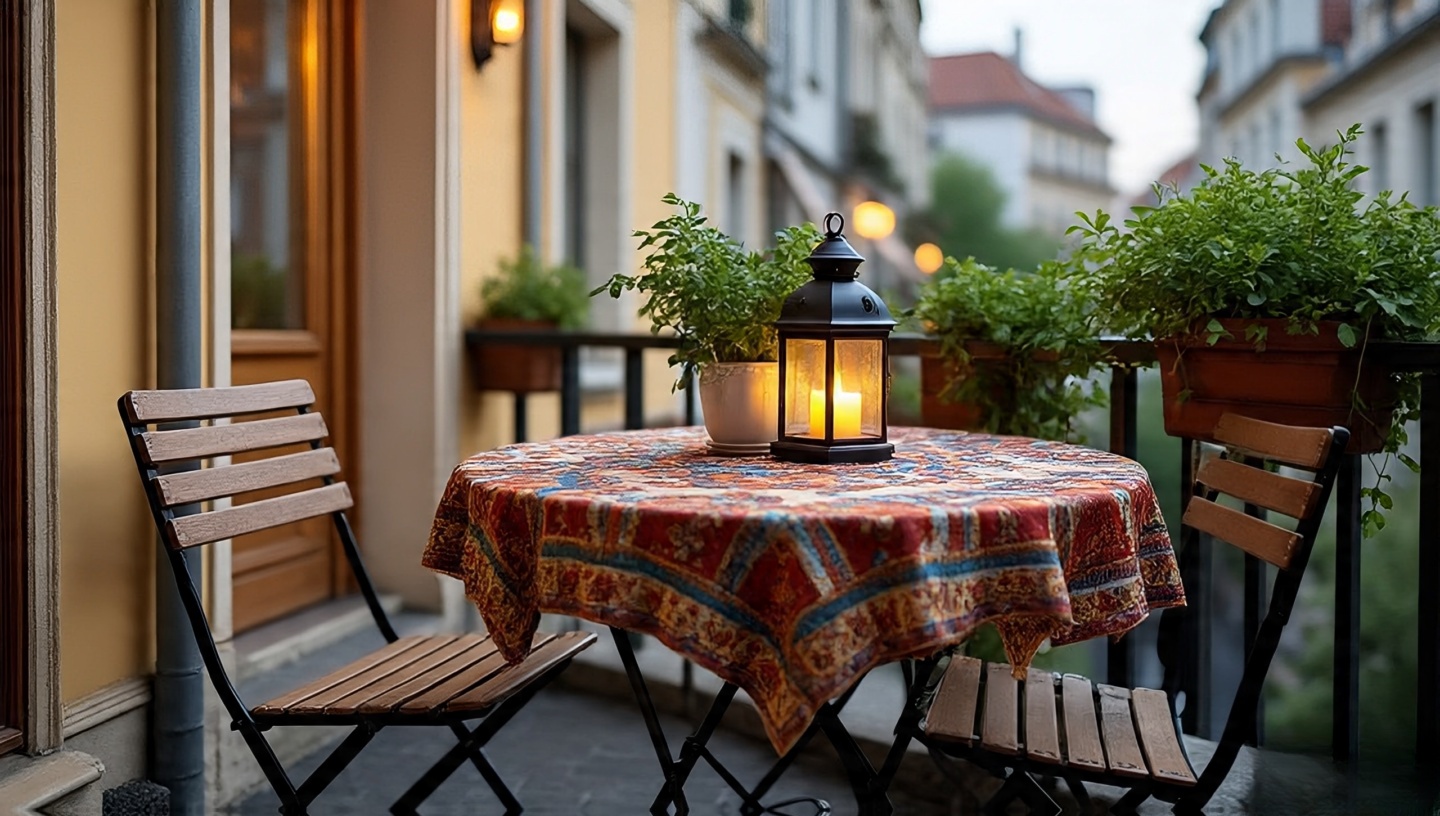 Tiny balcony with foldable café chairs and round bistro table dressed with patterned cloth and herb pot