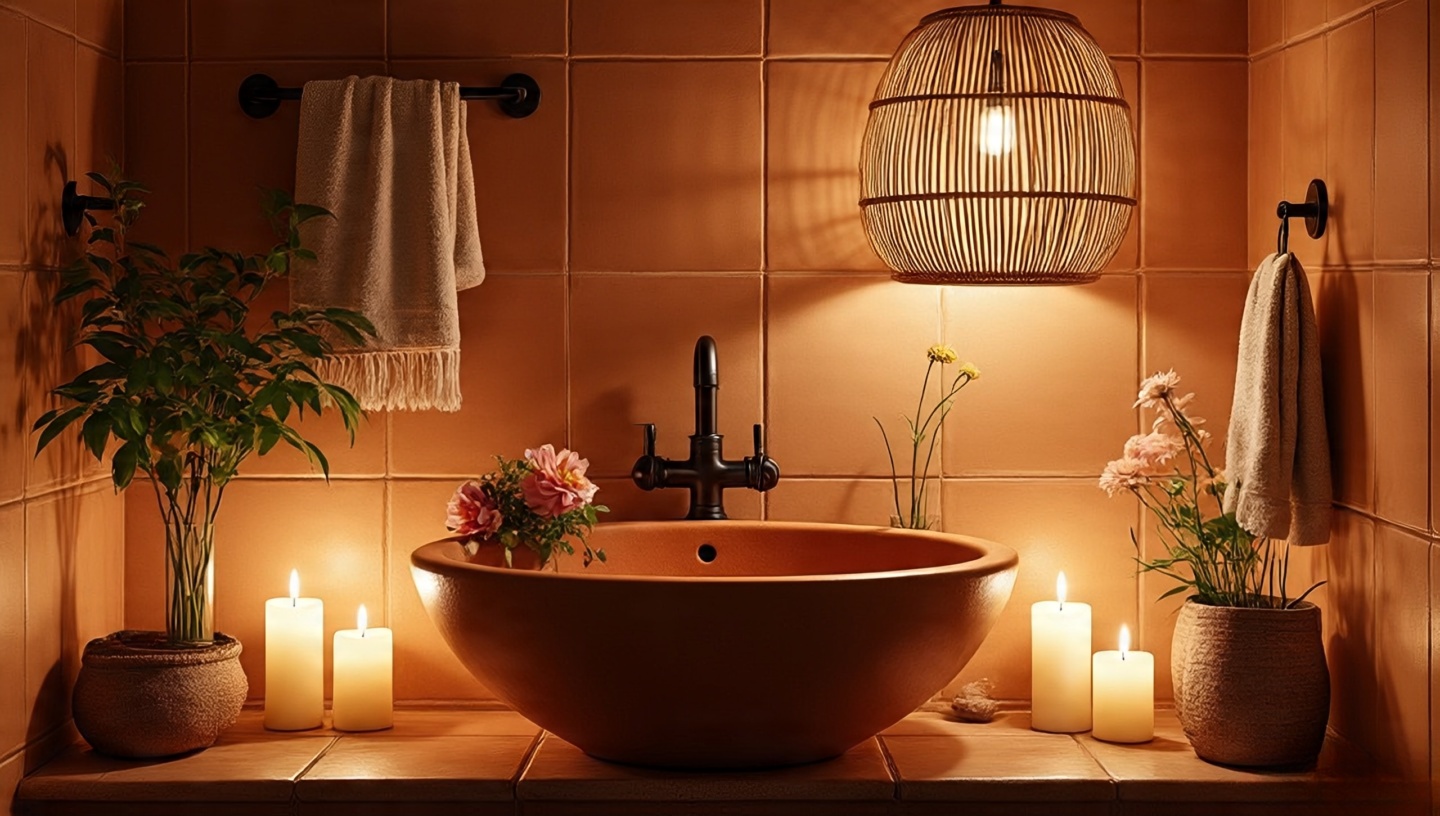 Small Boho bathroom with terracotta tiles, bamboo pendant and candles creating spa-like retreat
