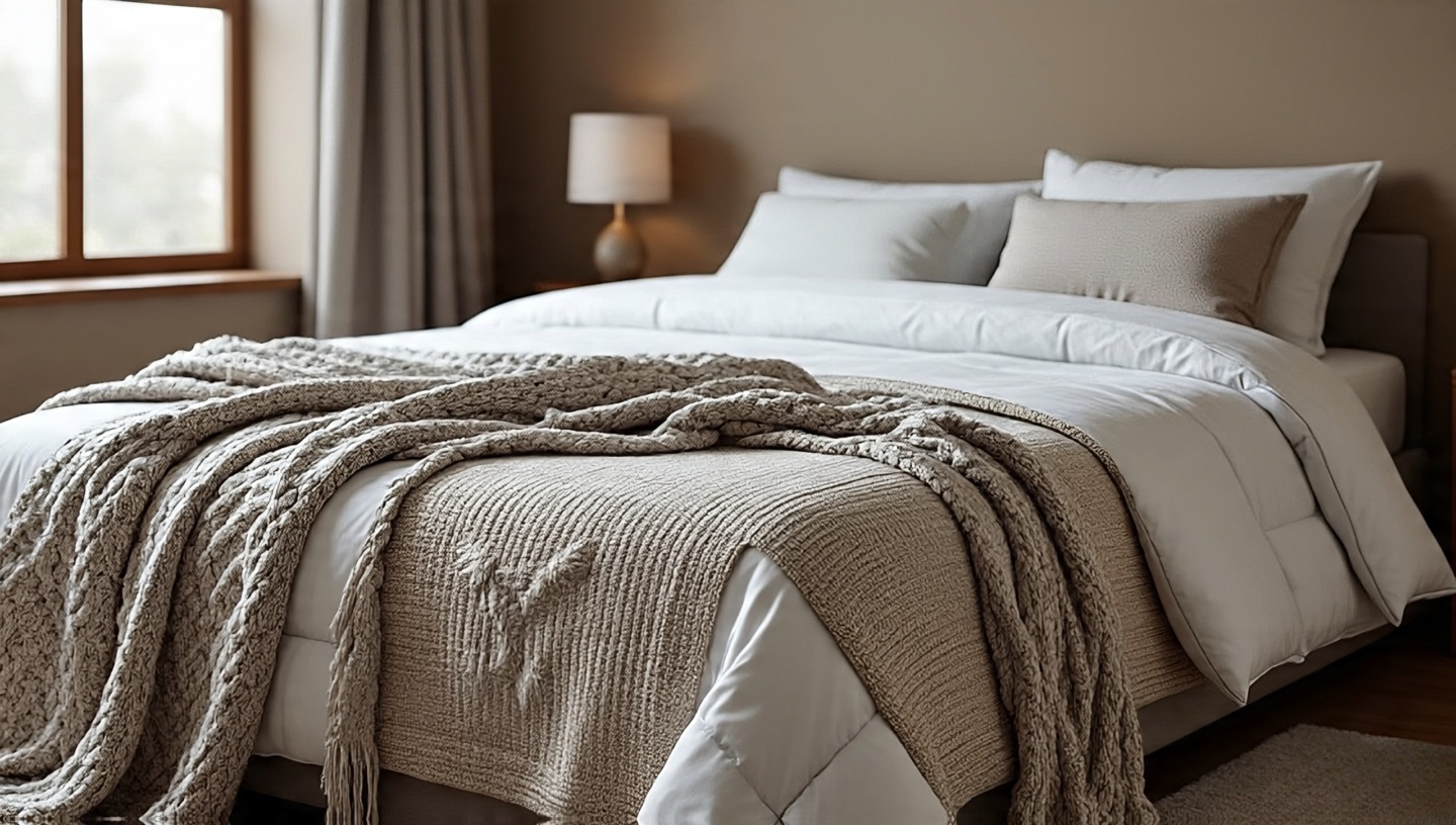Layered bedding with crisp cotton sheets, quilt, chunky knit throw, and patterned blanket