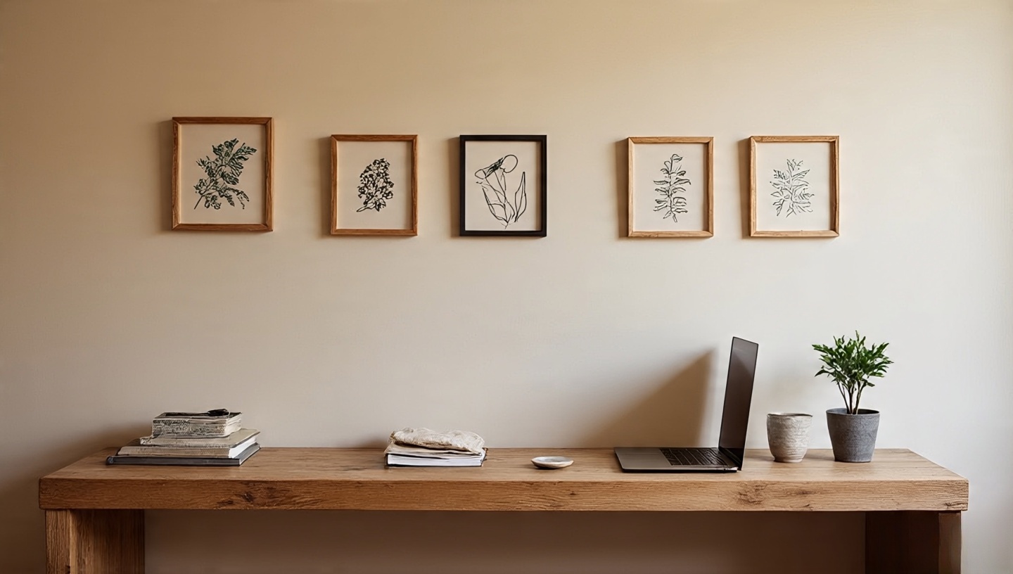 Boho gallery wall above a desk in a two-row soft grid with 20 cm clearance and one material contrast, minimal desk styling