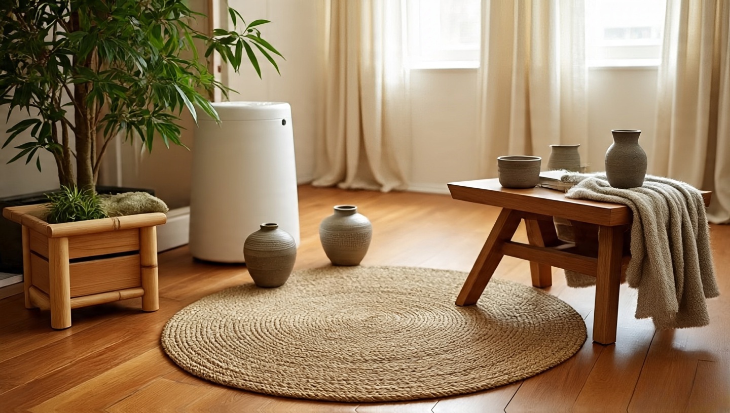 Three vignettes: teak and bamboo for humid, jute in arid sun, oak with wool layers for cold