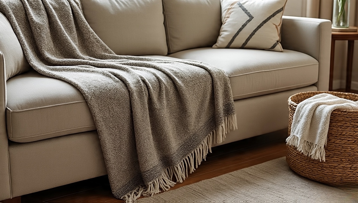 Generous handwoven throws draped diagonally on a linen sofa with a basket of extra textiles